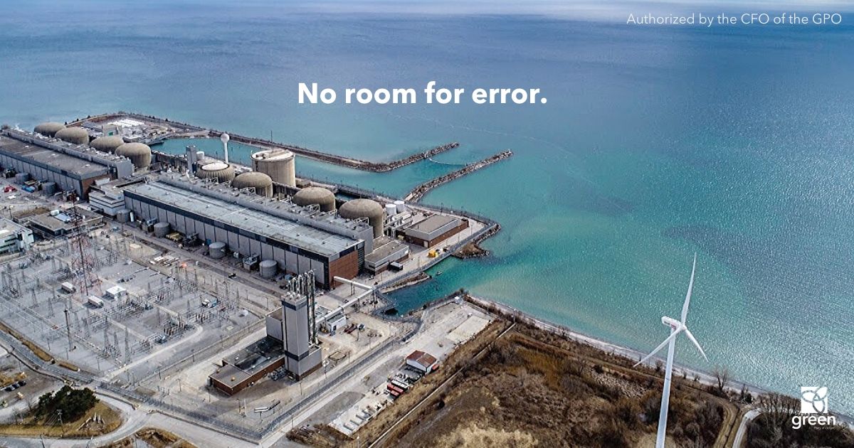 No room for error, with aerial view of Pickering nuclear station