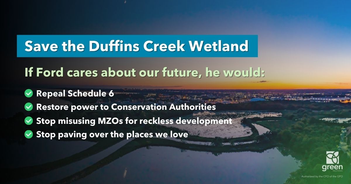 Greens will continue to lead the fight against Ford’s reckless attacks on the environment and call on the govt to remove the permit and save Duffins Creek.