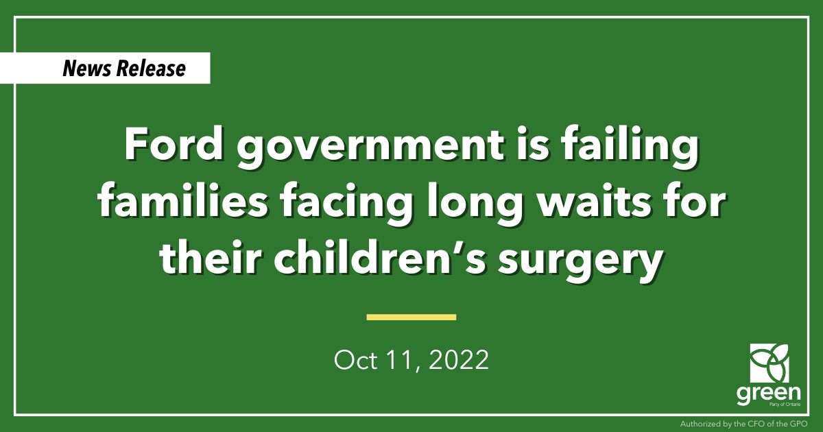 Ontario Greens leader and MPP for Guelph, Mike Schreiner, released the following statement in response to today’s media report that thousands of children are waiting for surgery longer than the safe clinical window, putting their long-term health at risk.