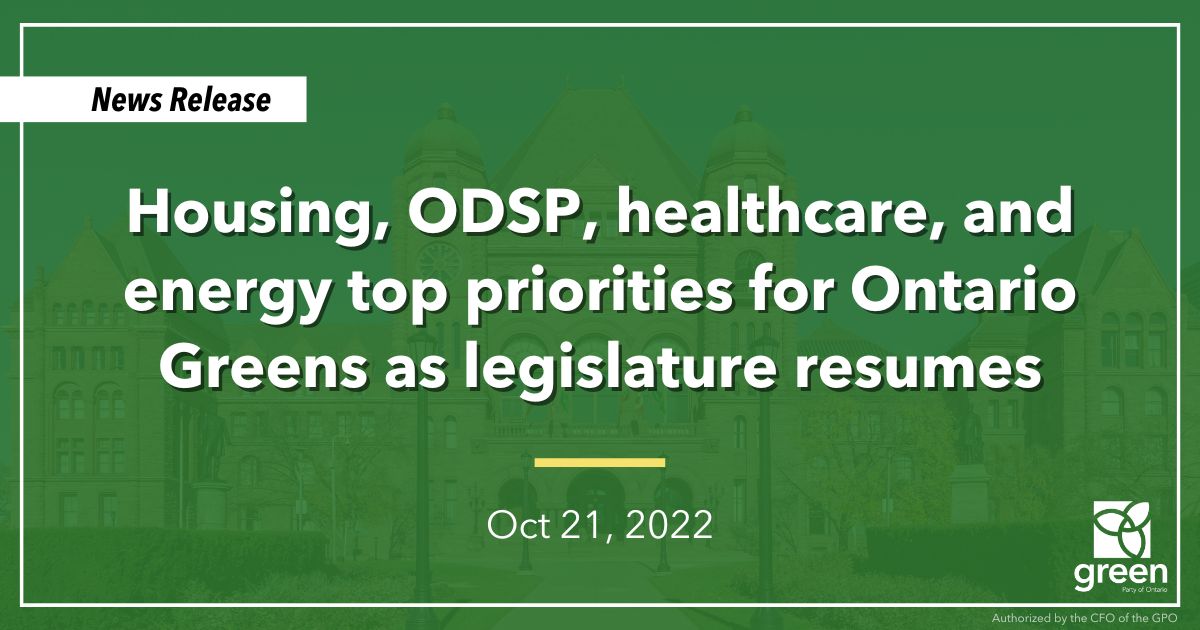 Ontario Greens leader and MPP for Guelph, Mike Schreiner, released the following statement outlining the party’s legislative priorities ahead of the return to Queen’s Park next week.