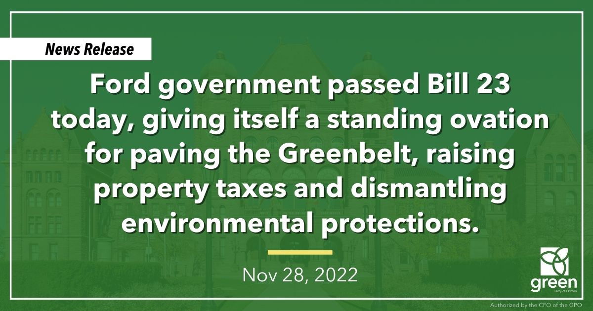 Ford government passed Bill 23 today, giving itself a standing ovation for paving the Greenbelt, raising property taxes and dismantling environmental protections.