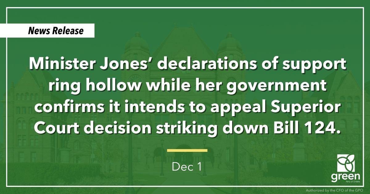 Minister Jones’ declarations of support ring hollow while her government confirms it intends to appeal Superior Court decision striking down Bill 124.