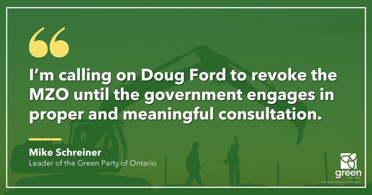 Green Party of Ontario Leader, Mike Schreiner, released the following statement regarding the MZO for a warehouse in Cambridge, Ontario: